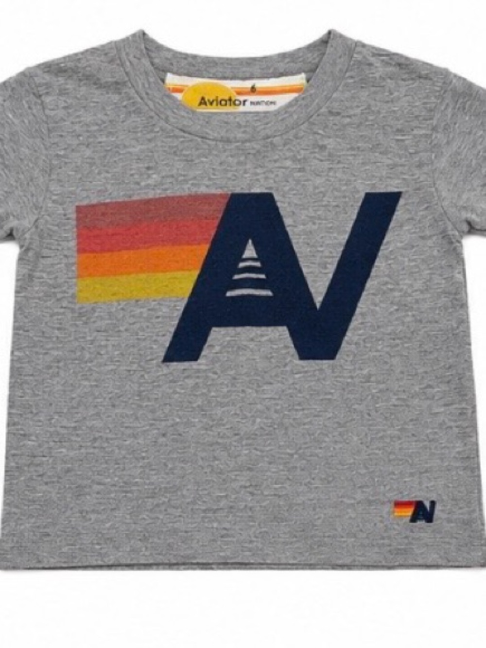 Aviator Nation Kids Heather Grey Tee with Navy Logo & Rainbow Stripes